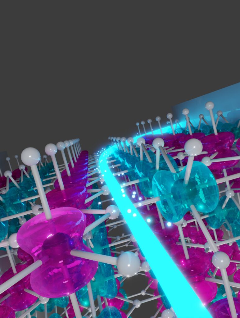 Abgelenkte Elektronen aufgrund eines unkonventionellen anomalen Hall-Effekts in einem altermagnetischen Kristall von Rutheniumdioxid (Abb./©: Libor Šmejkal und Matthias Greber)
