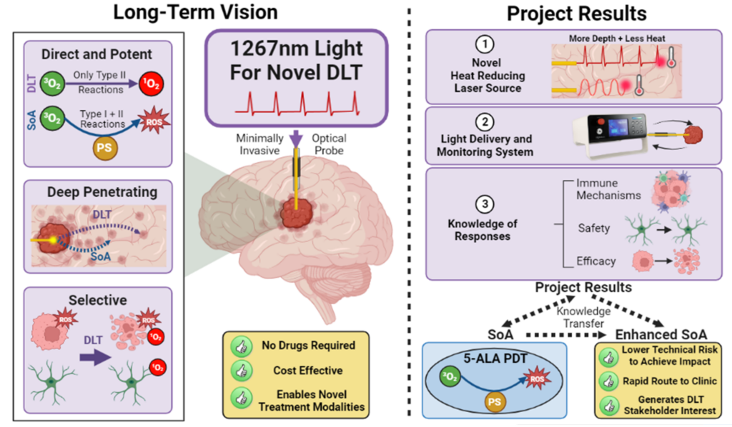 Entwicklung der direkten Lichttherapie (DLT) als neuartige Gliombehandlung (links) durch das GlioLighT-Projekt (oben rechts), das gleichzeitig die modernste photodynamische 5-ALA-Therapie (PDT) (unten rechts) verbessert. (Abb./©: Anne Régnier-Vigouroux)