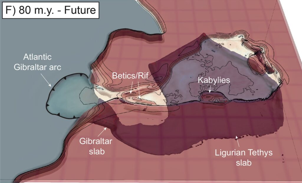 Resultat einer 3-D-Computersimulation der Gibraltar-Subduktionszone: Die Abbildung zeigt die Ausbreitung der Subduktionszone in den Atlantik in 50 Millionen Jahren. (Abb./©: Nicolas Riel)