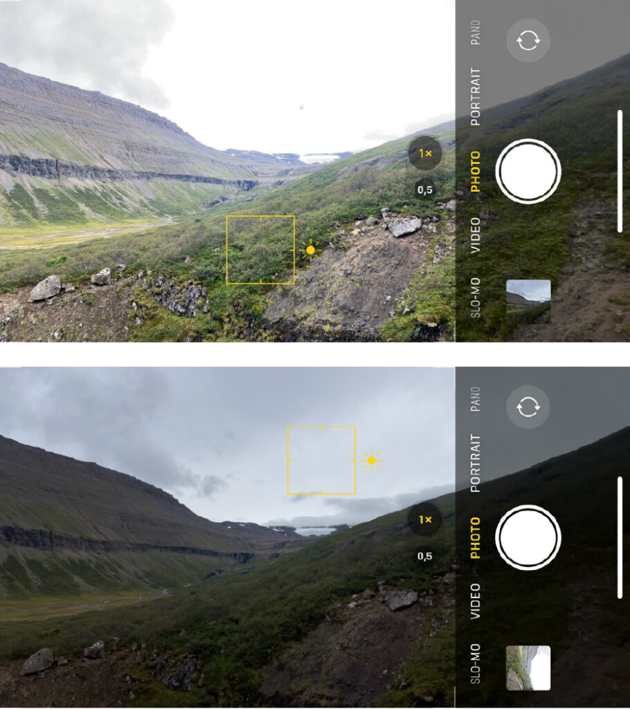 In Handy-Kameras wird das gesamte Bild durch einen Helligkeitswert korrigiert, weswegen im oberen Beispiel der Himmel überbelichtet und im unteren Beispiel der Grund unterbelichtet ist. Die Augen von Fliegen und Menschen können Kontrast stabil berechnen, auch wenn sich die Hintergrundhelligkeit verändert. (Foto/©: Marion Silies)