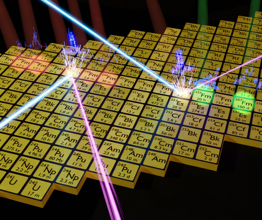 Darstellung der Nuklidkarte: Die untersuchten Fermium-Isotope sind hervorgehoben. (Abb./©: Sebastian Raeder)