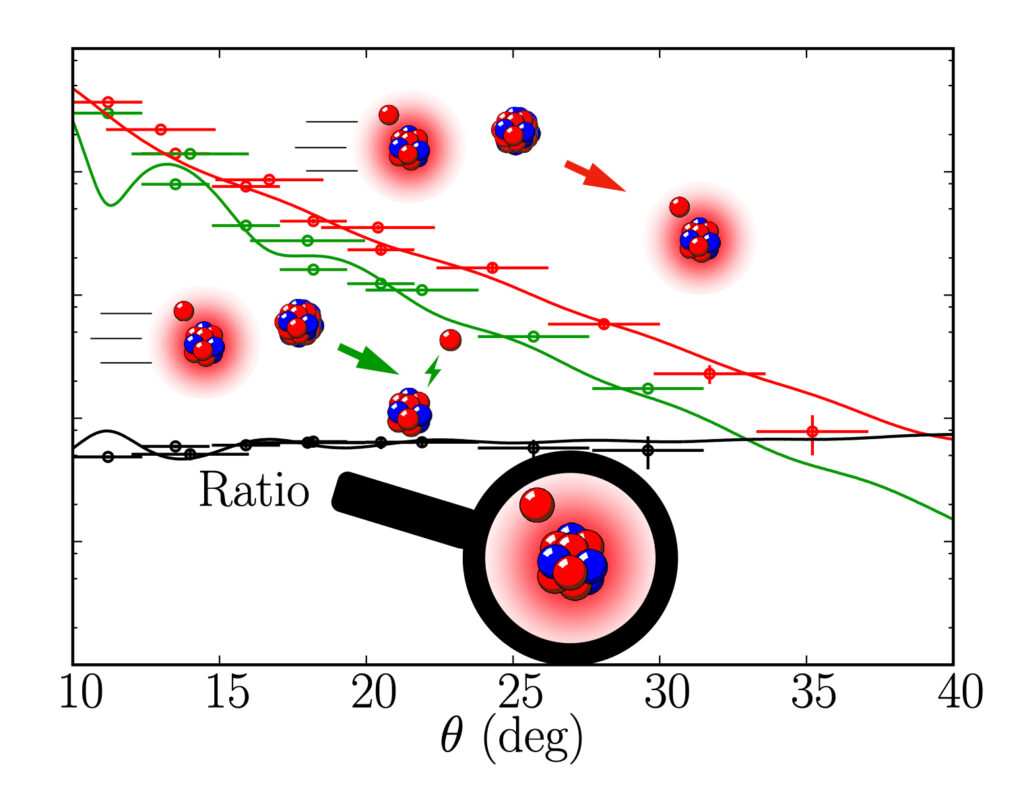 Untersuchung von Halokernen: Die rote Linie zeigt den Streuquerschnitt, die grüne Linie den Zerfallsquerschnitt. Die Punkte entsprechen den Daten aus dem Experiment, die Linien den durchgeführten theoretischen Berechnungen. (Abb./©: Pierre Capel)