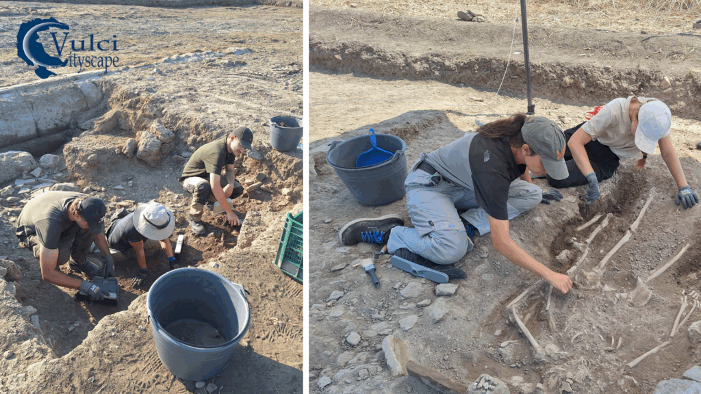Ausgrabungsarbeiten der Vulci-Forschungsgruppe, links bei der äußeren Verkleidung des Tempels, rechts bei den spätantiken Bestattungen (Foto/©: Mariachiara Franceschini)