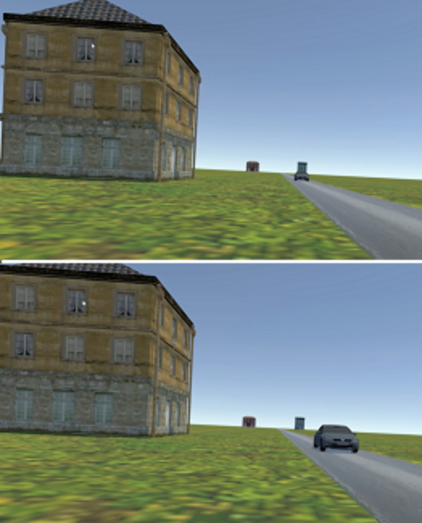 Screenshots aus den VR-Szenen der TTC-AMD-Studie: Das erste Videobild zeigt ein herannahendes Fahrzeug (oben) und das letzte Bild der Simulation zeigt das Fahrzeug kurz vor dem Verschwinden. (© P.R. DeLucia et al., PLOS ONE, 2025 / CC BY 4.0)