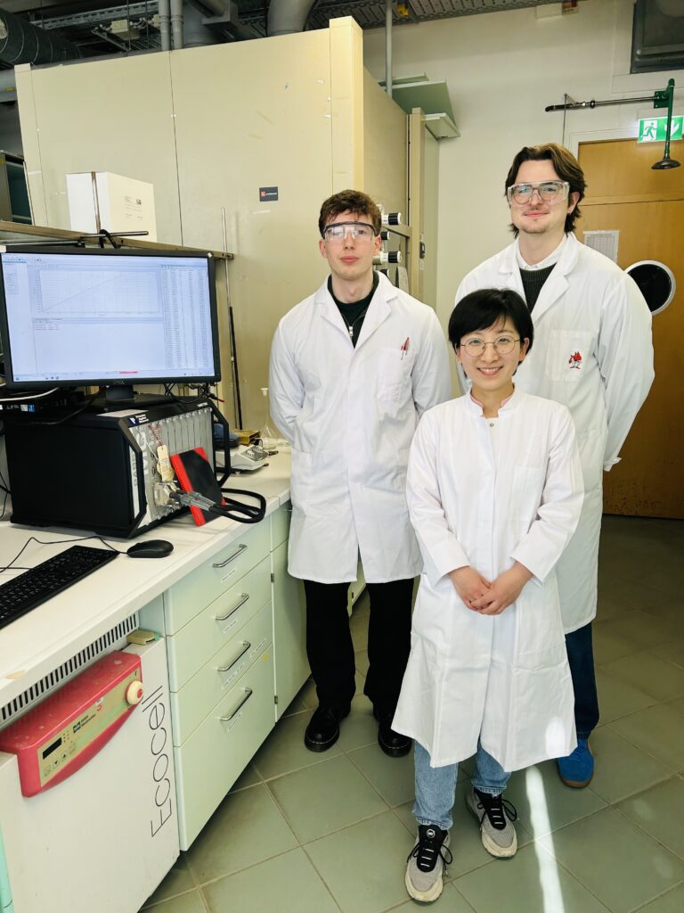 Dr. Dandan Gao mit ihren Mitarbeitern Christean Nickel (l.) und David Leander Troglauer (r.) (Foto/©: Jennifer Christina Schmidt)