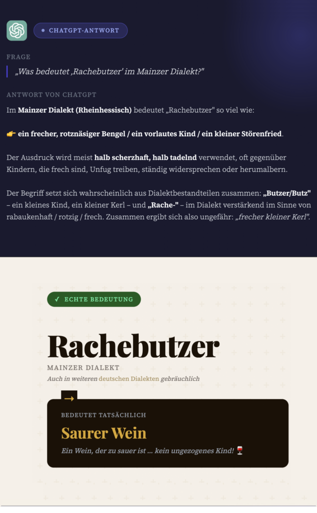 Das Wort "Rachebutzer" in der Fehlinterpretation eines großen Sprachmodells (oben) und in seiner Bedeutung im Mainzer Dialekt (unten). (Abb./©: Minh Duc Bui, erstellt mithilfe von Claude)