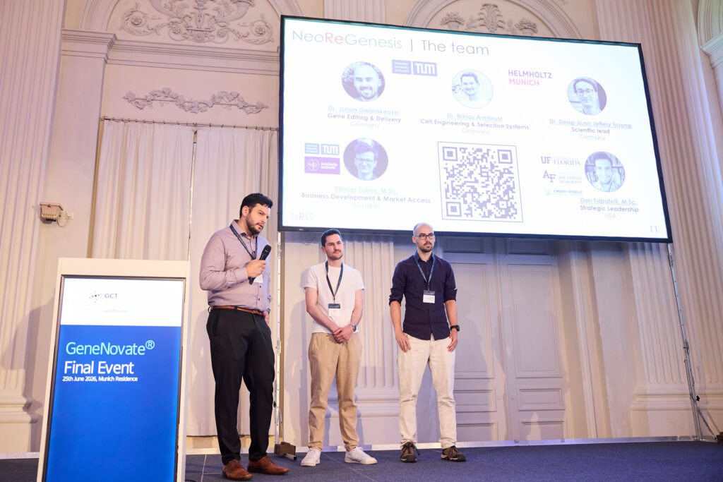 Das Team um (v.l.) Dan Sabatelli, Dr. Niklas Armbrust und Dr. Julian Geilenkeuser hat in der Finalrunde das Projekt "NeoReGenesis" zur Behandlung des systemischen Lupus erythematodes präsentiert. (Foto/©: Holger Rauner / Netzwerkbüro GCT)