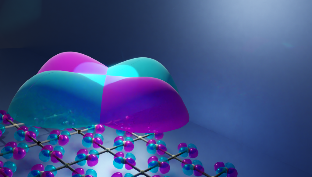 Schematische Darstellung der Struktur eines altermagnetischen Kristalls: Die besondere Symmetrie der Elektronenverteilung ist die Grundlage für die außergewöhnlichen Eigenschaften dieser neu entdeckten Klasse magnetischer Materialien. (Abb./©: Libor Šmejkal)