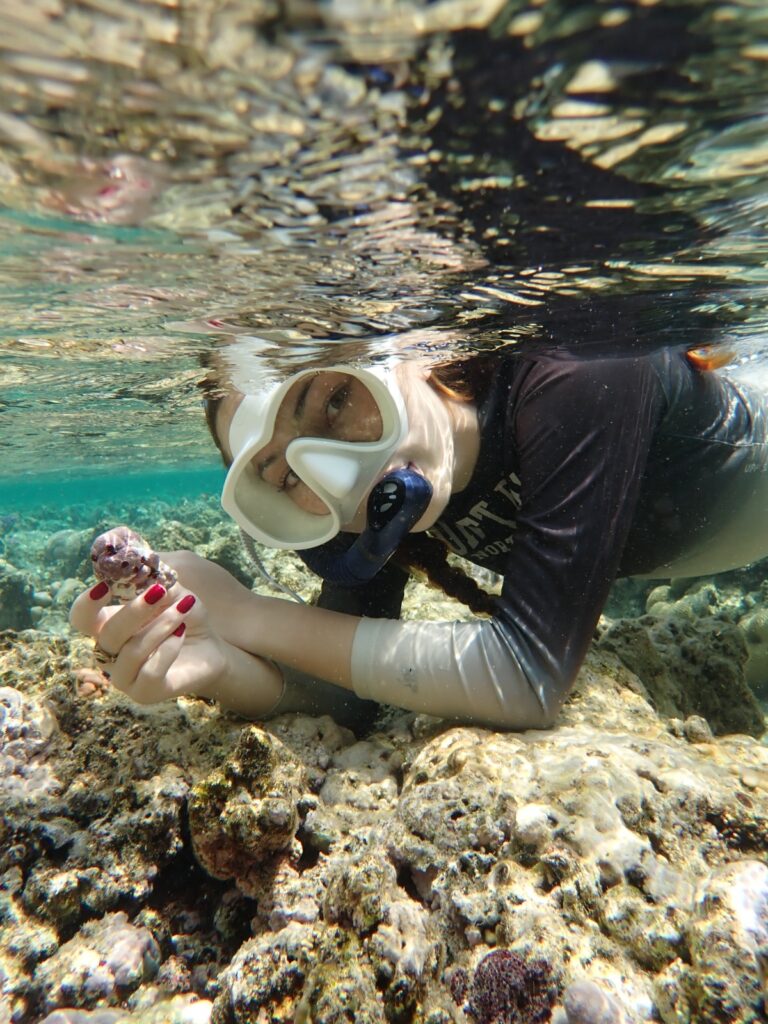 Das Foto zeigt Lena Li, Erstautorin der Studie, wie sie eine im Roten Meer gesammelte Rhodolithenprobe in der Hand hält. Die frei lebenden Kalkalgenknollen dienen als natürliche Klimaarchive und ermöglichen die Rekonstruktion täglicher Meerwassertemperaturen. (Foto: Lucio Bravo)