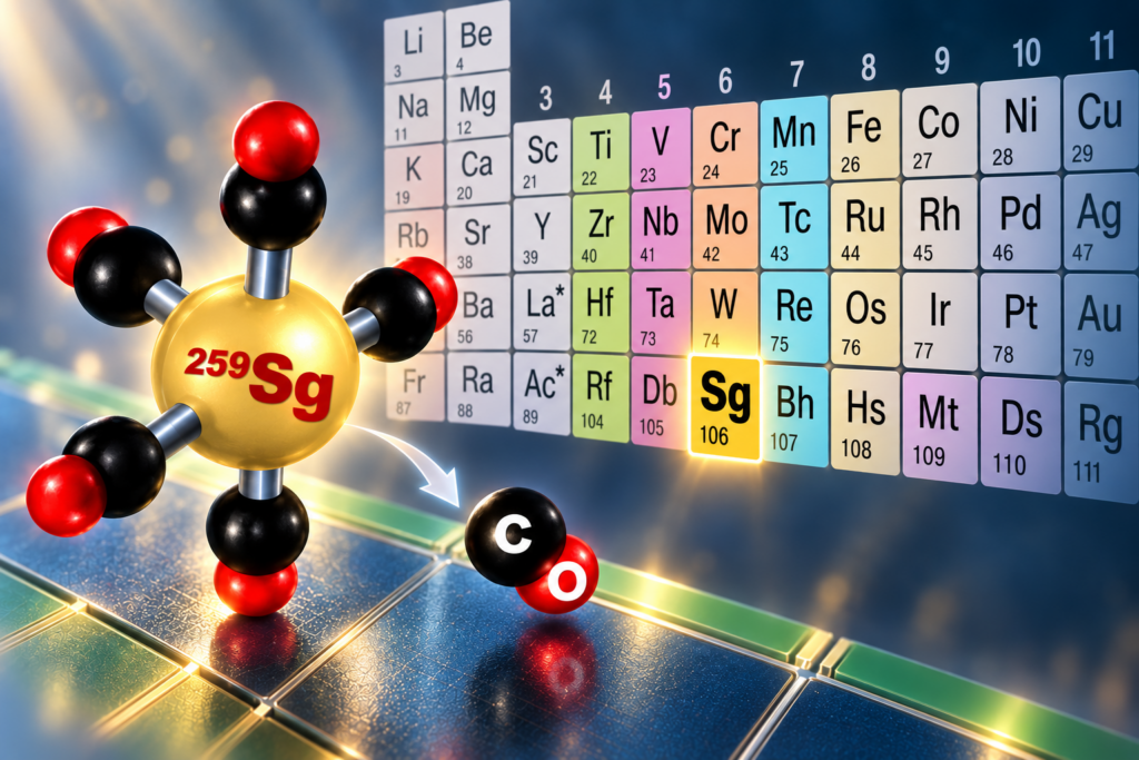 Grafische Darstellung der Zersetzung des Hexacarbonyl-Komplex Sg(CO)<sub>6</sub> des superschweren Elements Seaborgium (Sg, Element 106). (Abb./©: Alexander Yakushev und Katharina Hermainski; KI-unterstützt)